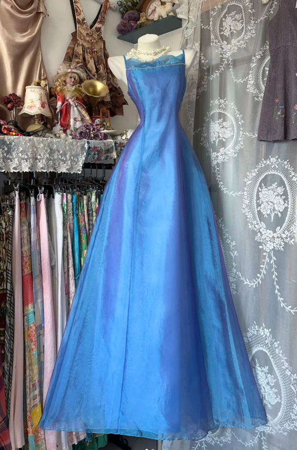 Retro Blue Spaghetti Straps A Line Long Party Dress Prom Gown D1243