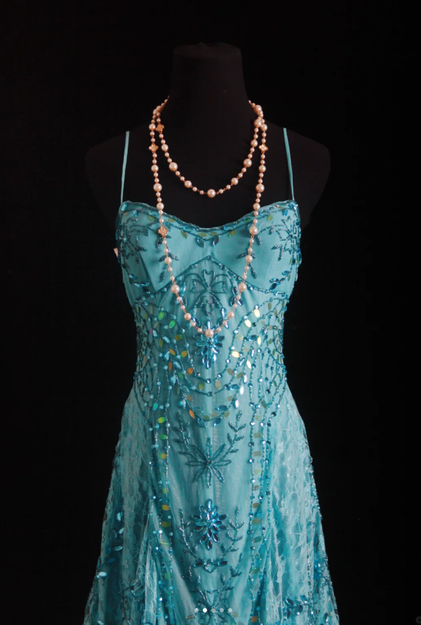 Sparkly Spaghetti Straps Blue Lace Beaded Mermaid Long Party Dress Birthday Prom Dresses D1664