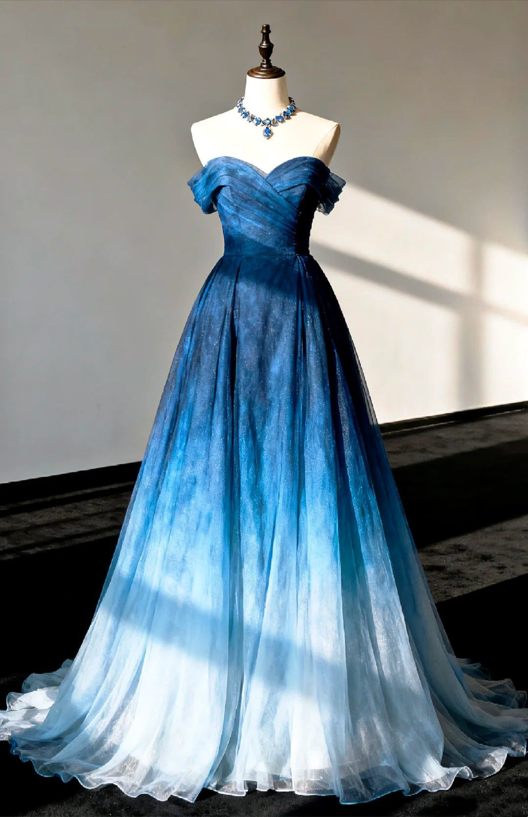 Pretty Strapless Off The Shoulder Ombre Blue Long Prom Dress Evening Gown D1392