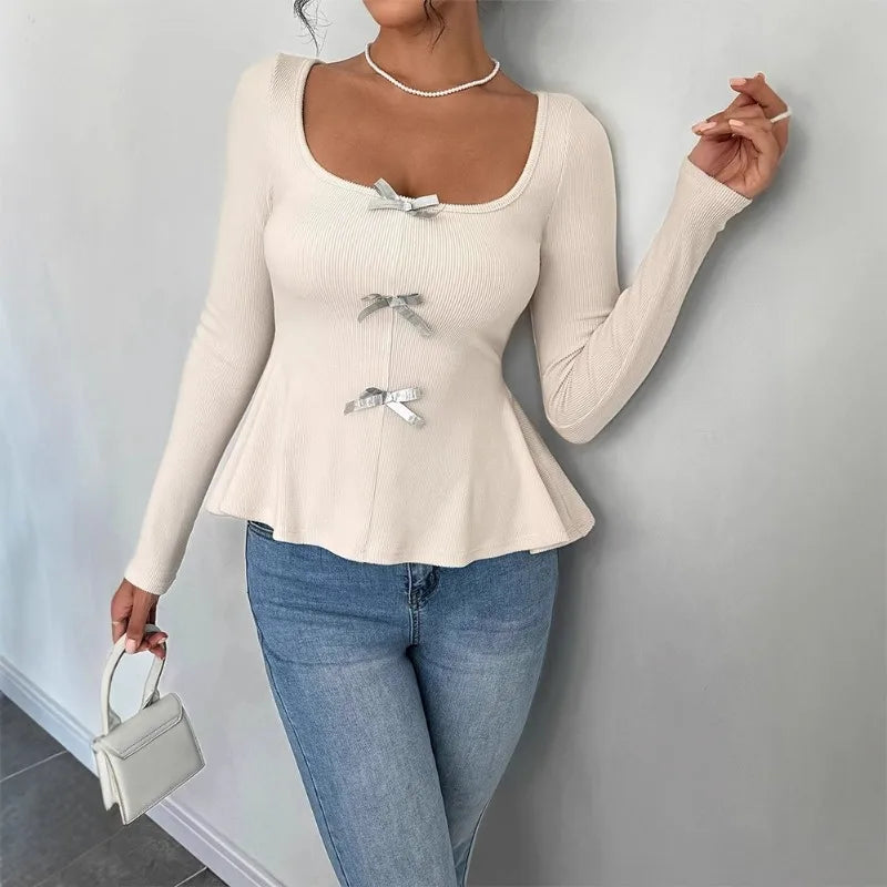 Bow Knit Casual Long Sleeve Ruffled Pullover Slim Knit Top