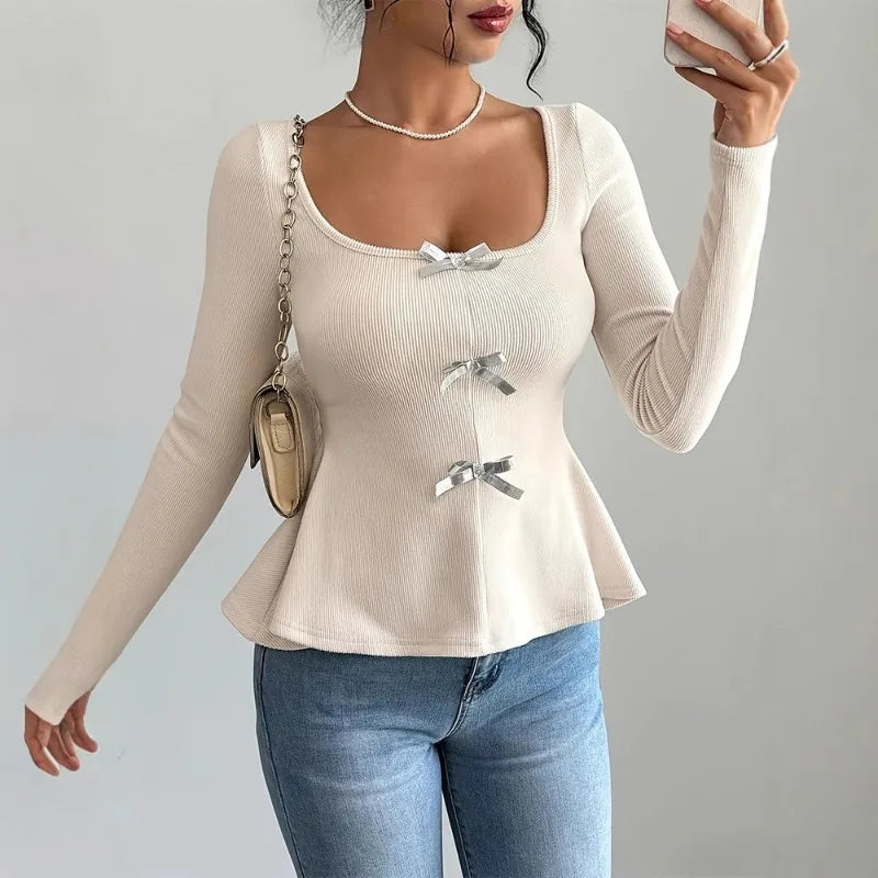 Bow Knit Casual Long Sleeve Ruffled Pullover Slim Knit Top