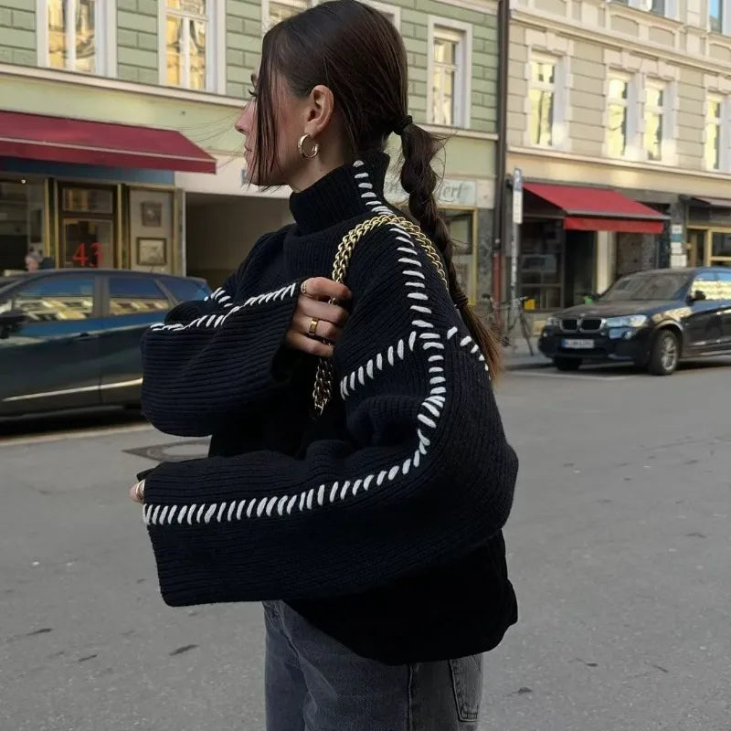 Round Neck Contrasting Color Sweater 2