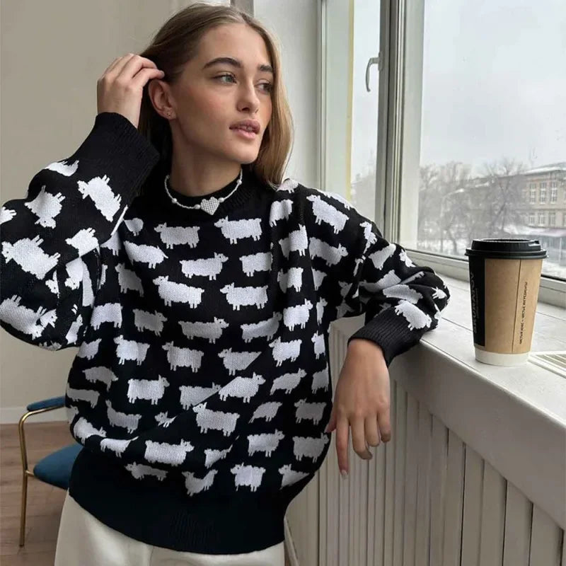 Printed Round Neck Casual Long Sleeve Sweater Black / S