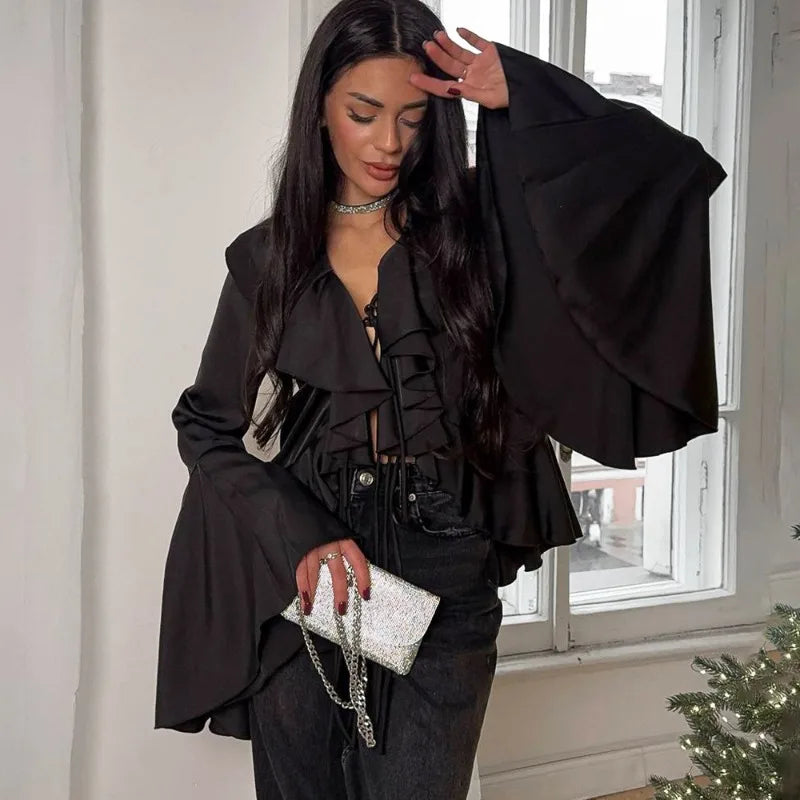 Ruffled Lace-Up V-neck Casual Long Sleeve Blouse