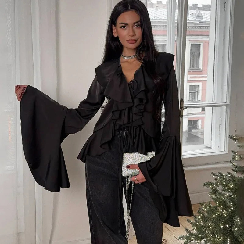 Ruffled Lace-Up V-neck Casual Long Sleeve Blouse