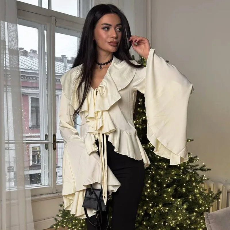 Ruffled Lace-Up V-neck Casual Long Sleeve Blouse