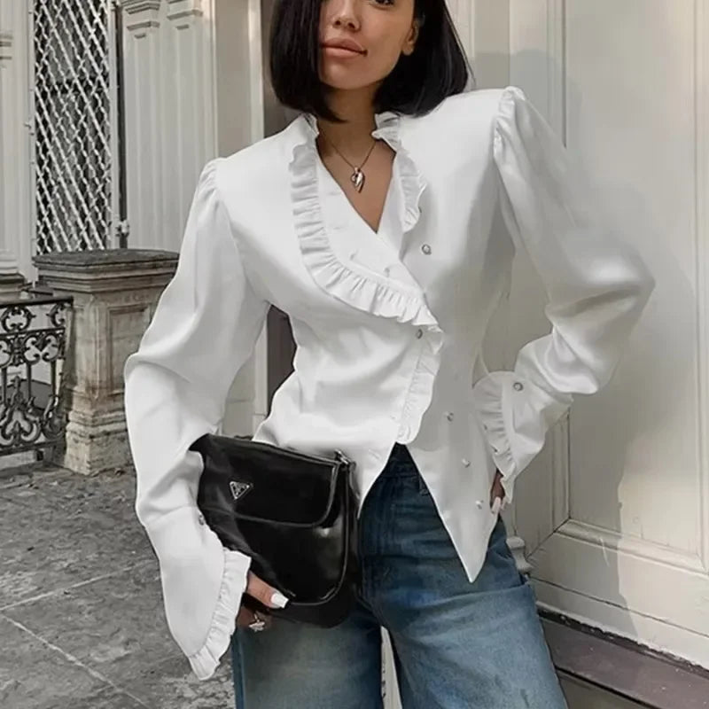 Ruffled White Long Sleeve Blouse