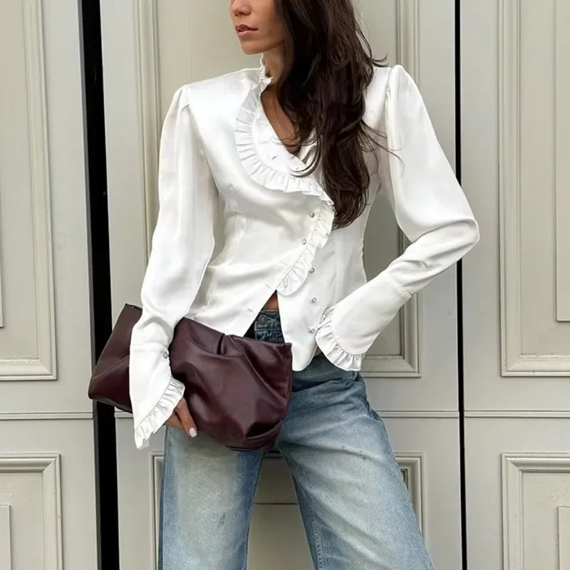 Ruffled White Long Sleeve Blouse