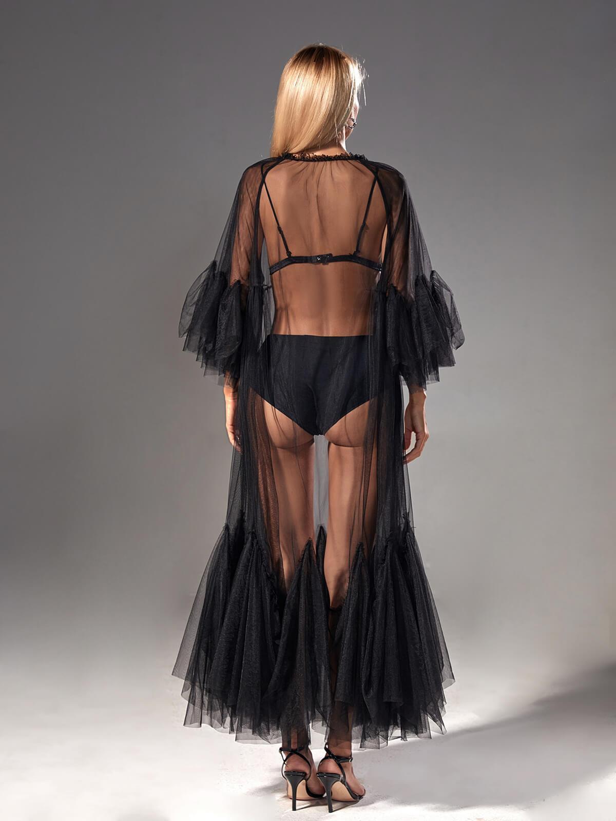 Tansy Pleated Mesh Dress In Black