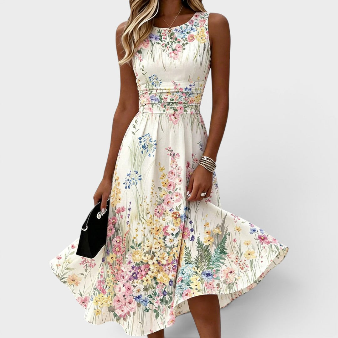 Floral Round Neck Sleeveless Ruched Waist A-Line Midi Dress
