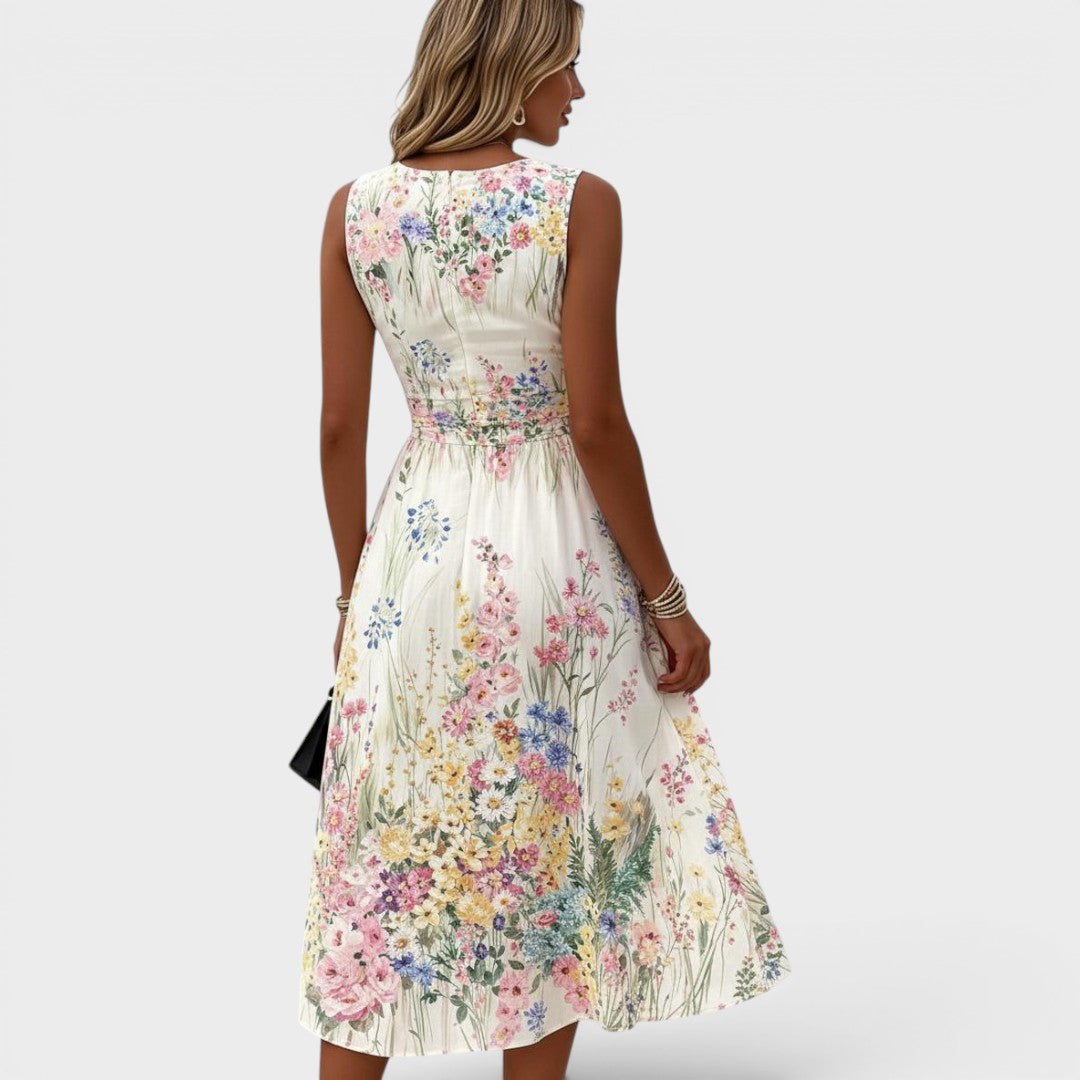 Floral Round Neck Sleeveless Ruched Waist A-Line Midi Dress 4