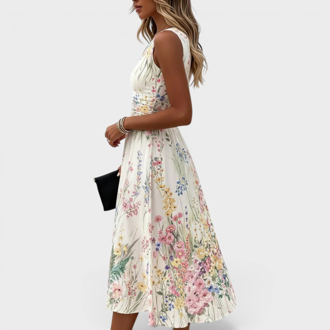 Floral Round Neck Sleeveless Ruched Waist A-Line Midi Dress 2