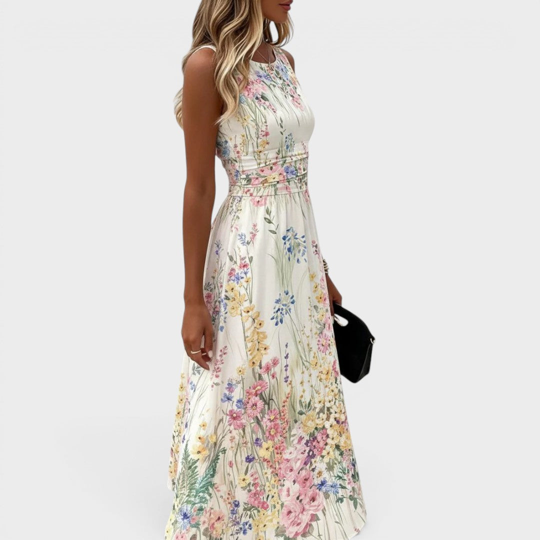 Floral Round Neck Sleeveless Ruched Waist A-Line Midi Dress 3