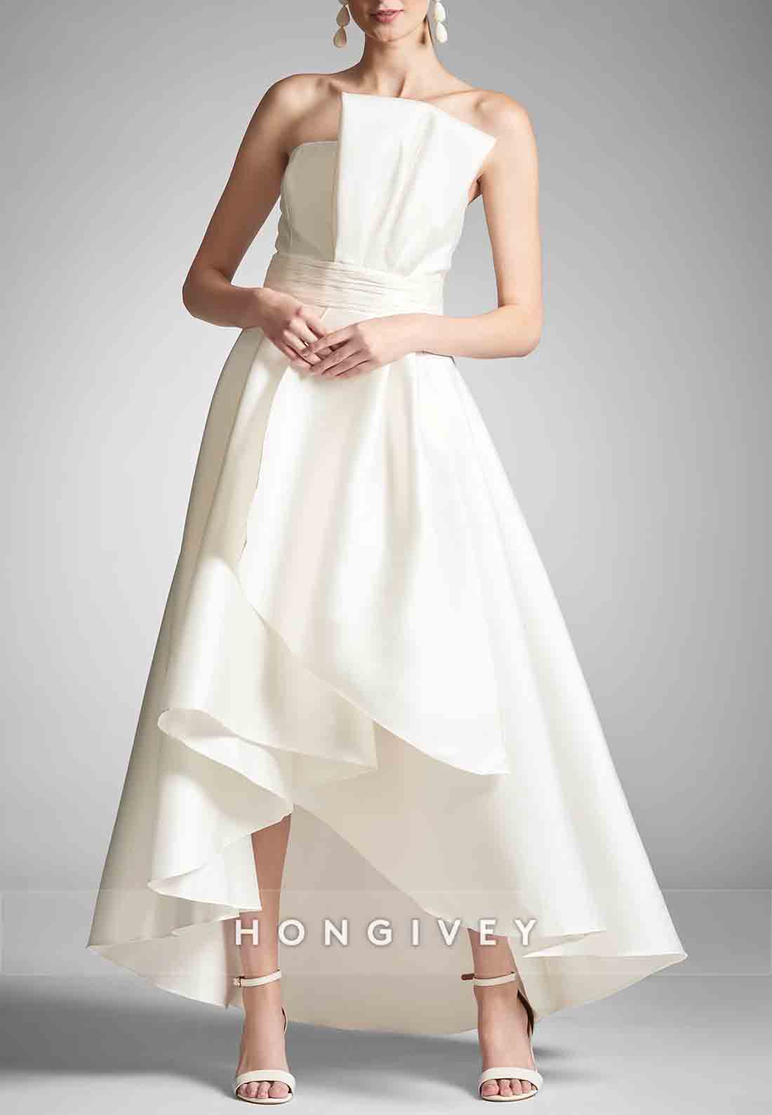 Asymmetrical Neck Chiffon Strapless Pleated Tea-Length Empire Wedding Dresses
