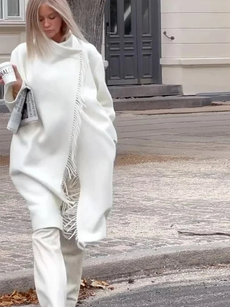 Tassel Turtleneck Irregular Button Overcoat