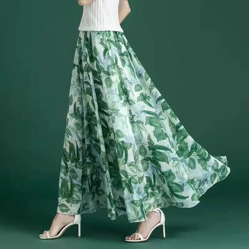 Floral High Waist Patchwork Chiffon Beach Skirt Green Length 80CM / M skirt-250126