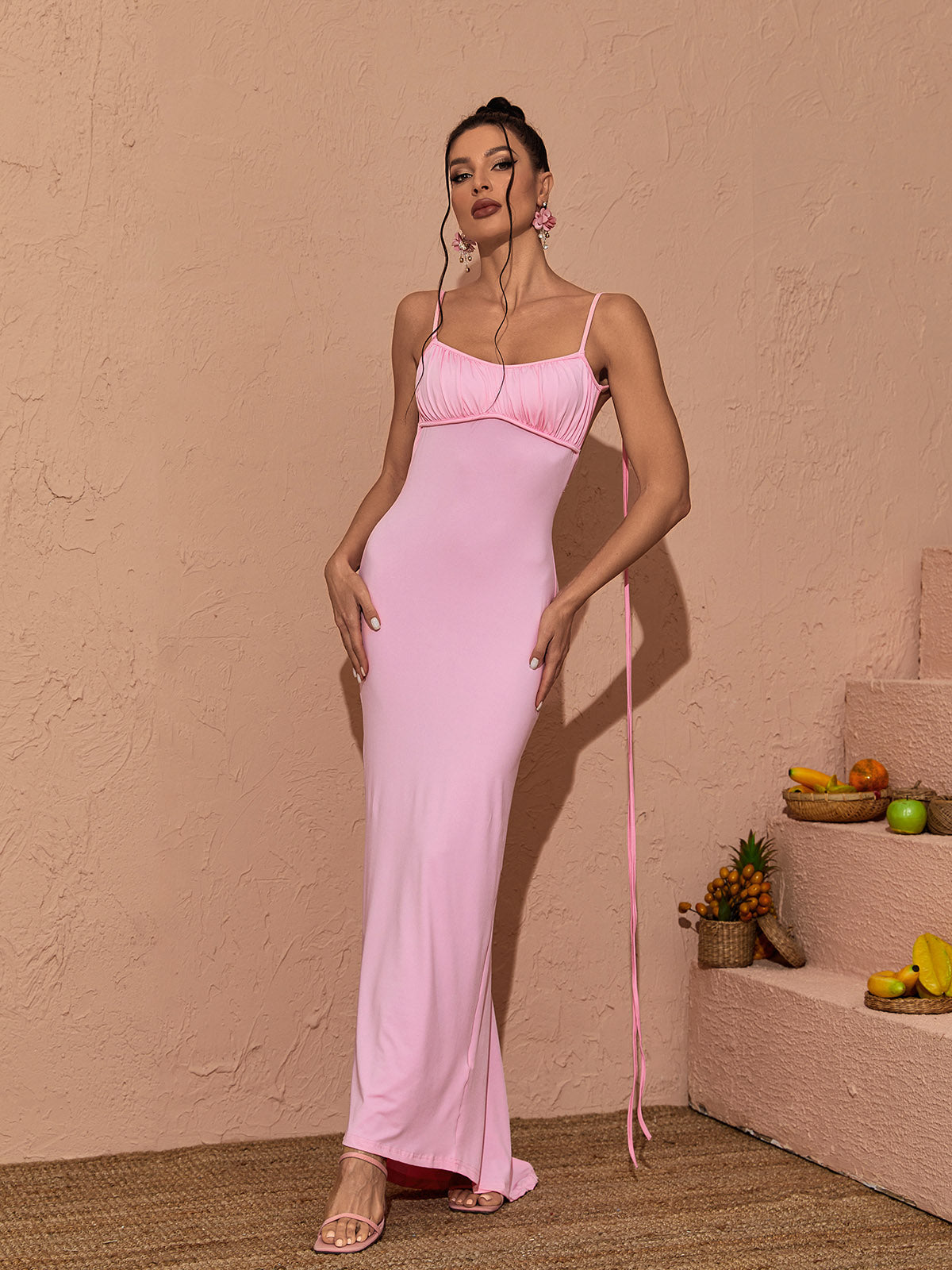 Tenley Spaghetti Backless Maxi Dress In Pink