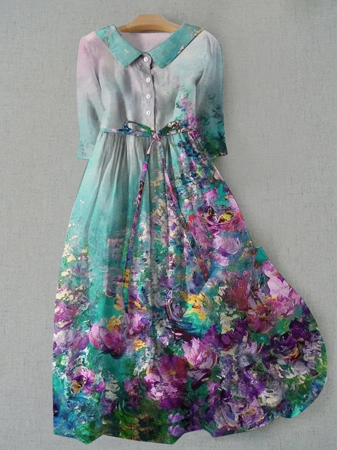 Watercolor Floral Collared Button Front Tie Waist Midi Dress
