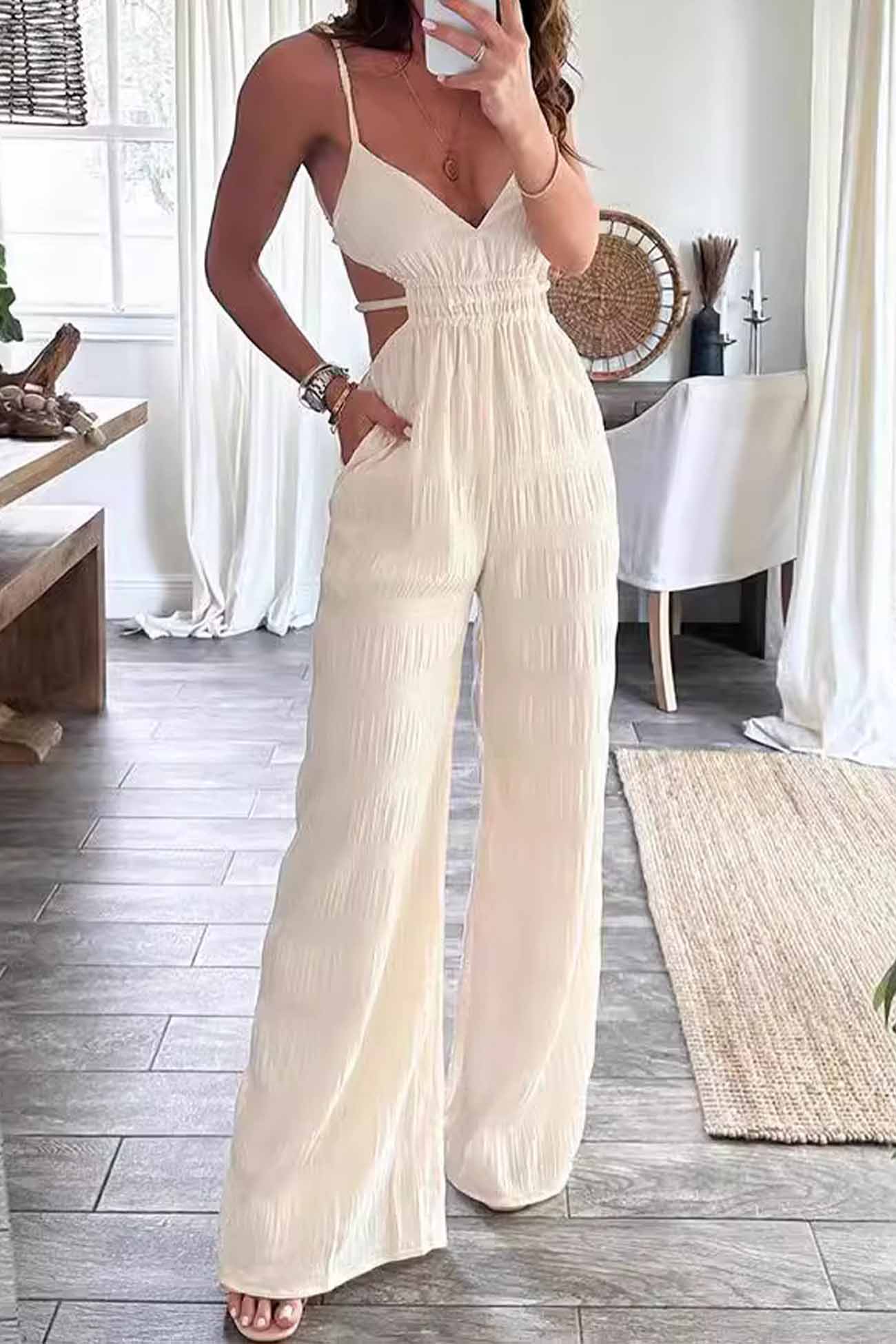 Textured Backless Spaghetti Straps Jumpsuits - Fashionpara