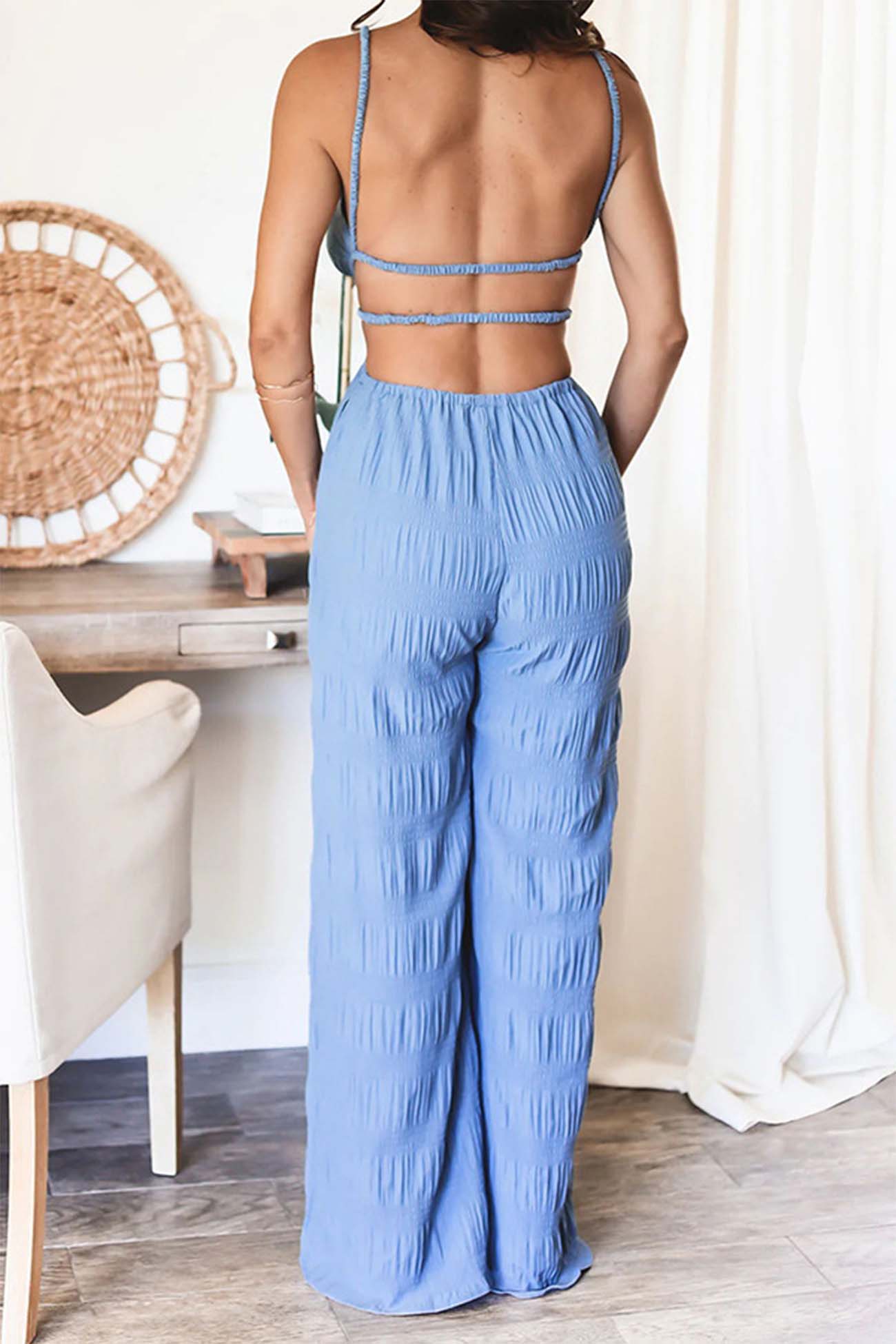 Textured Backless Spaghetti Straps Jumpsuits - Fashionpara