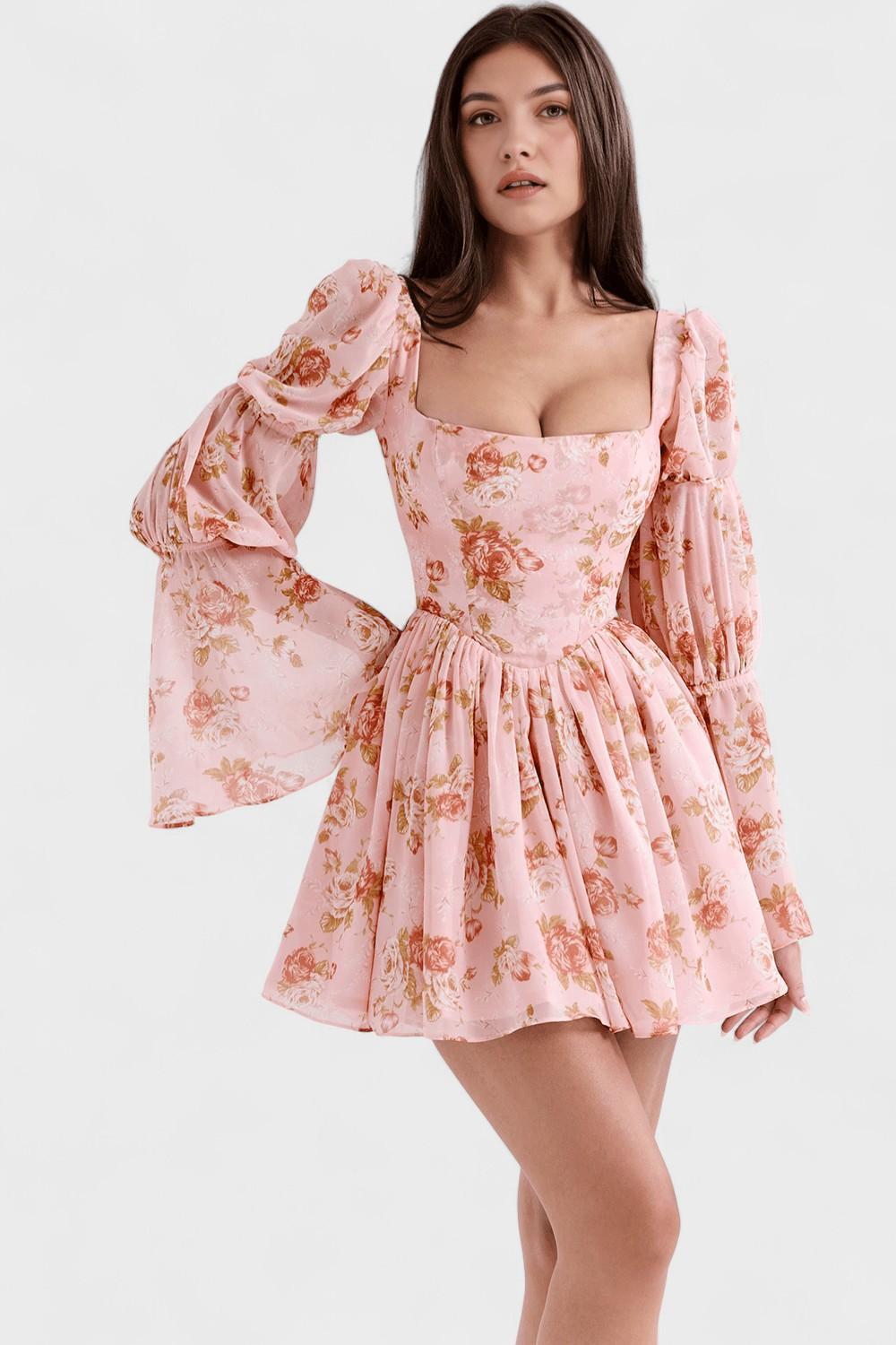 Floral Square Neck Puff Sleeve Corset Fit and Flare Mini Dress