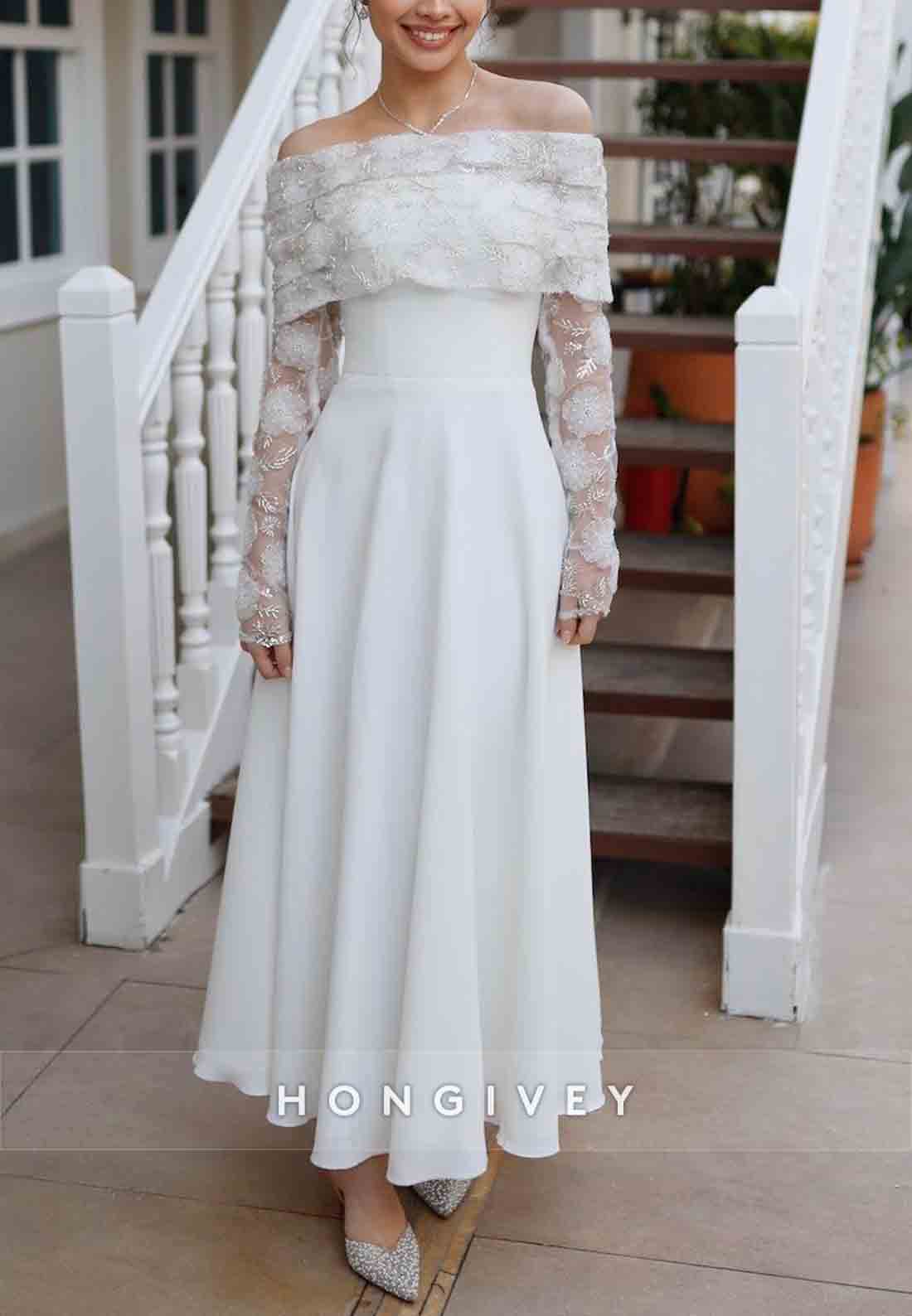 Off the Shoulder White Special Design Lace Detailed Wedding Engagement Dress