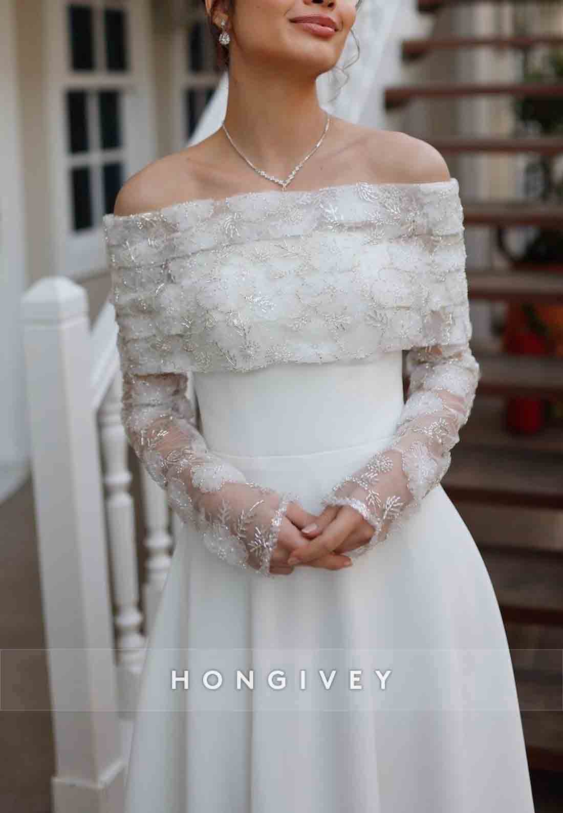 Off the Shoulder White Special Design Lace Detailed Wedding Engagement Dress