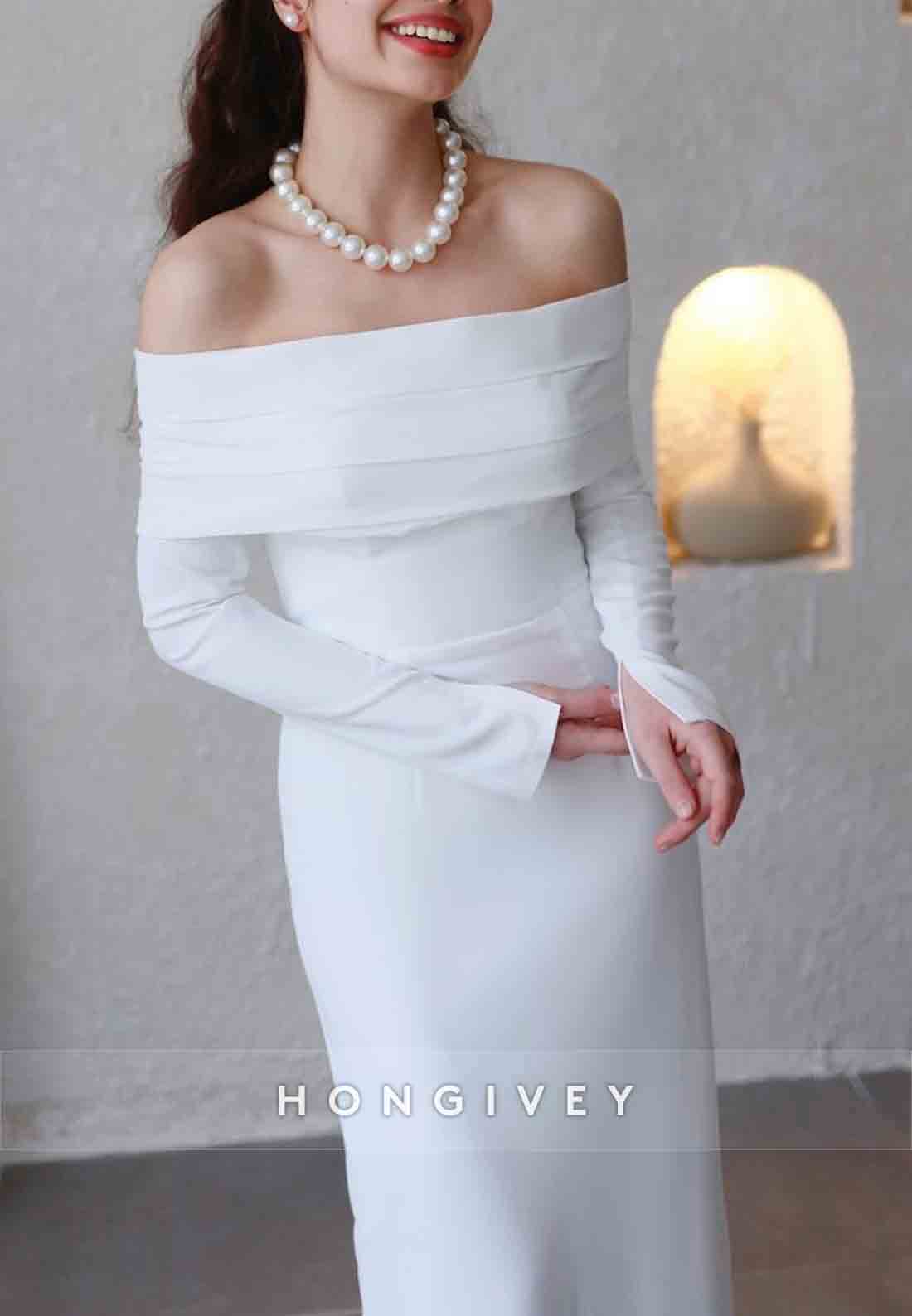 Ankle-Length Off the Shoulder Long Sleeves Simple Column Shawl Wedding Engagement Dress