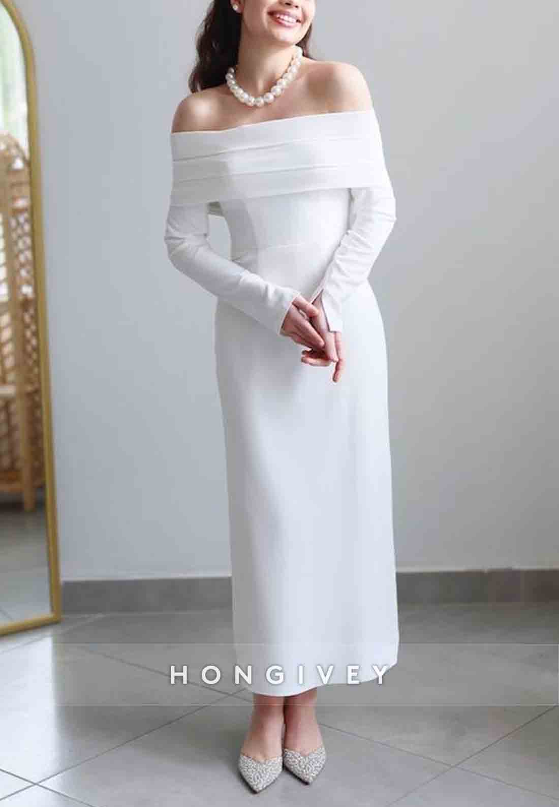 Ankle-Length Off the Shoulder Long Sleeves Simple Column Shawl Wedding Engagement Dress