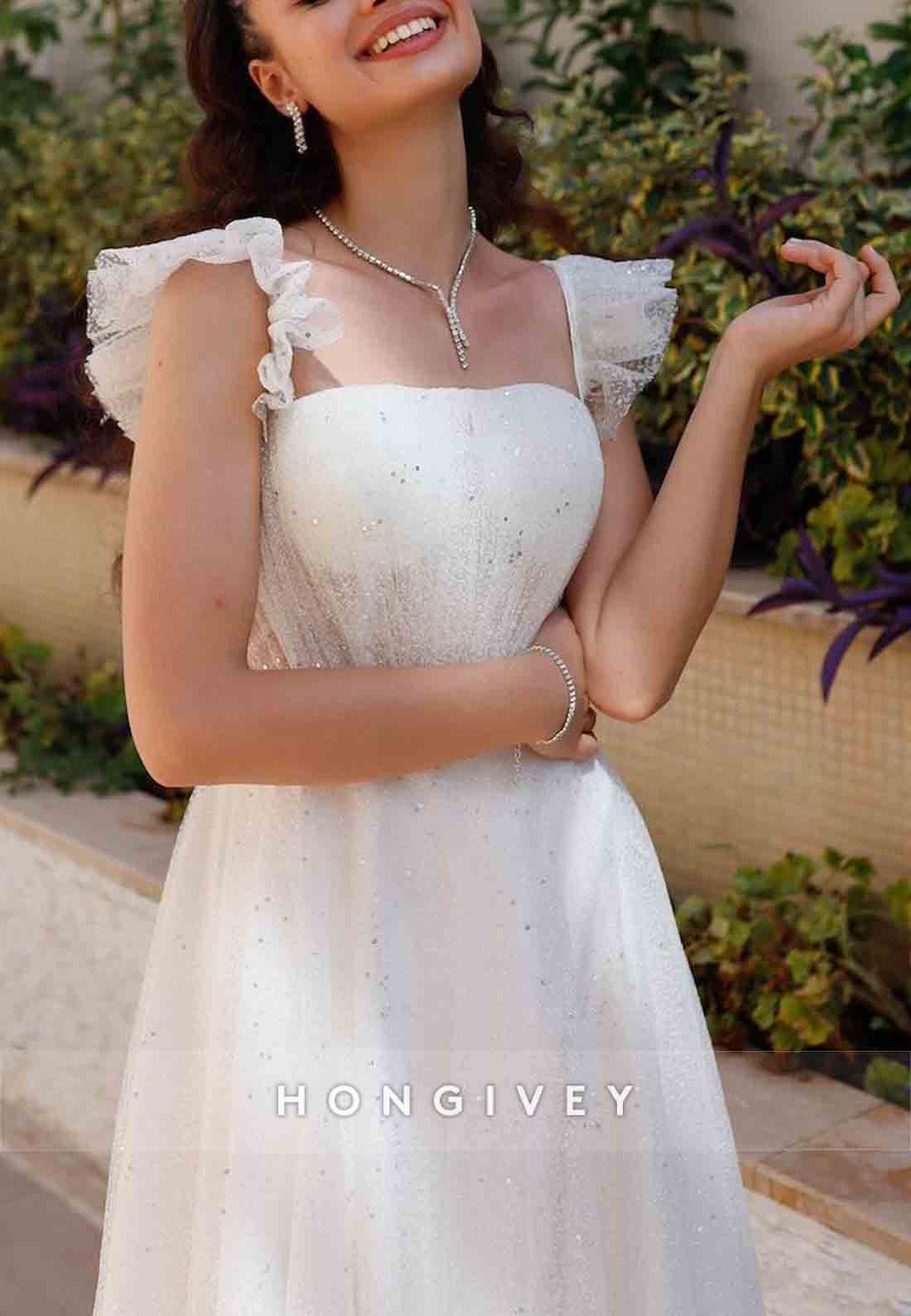 Cap Straps A-line Organza Bowknot Ankle-Length Wedding Engagement Dress