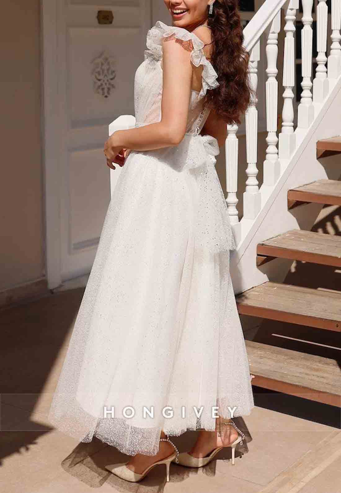 Cap Straps A-line Organza Bowknot Ankle-Length Wedding Engagement Dress