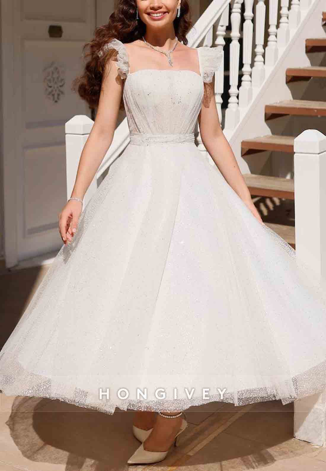 Cap Straps A-line Organza Bowknot Ankle-Length Wedding Engagement Dress