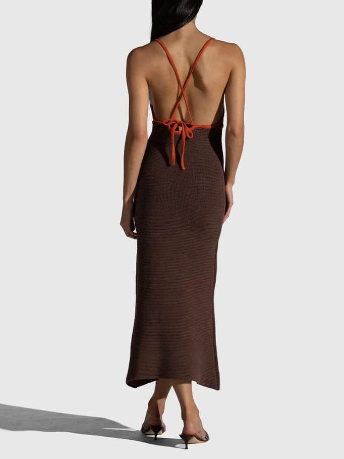 Printed V-Neck Sleeveless Rib Knit Midi Dress
