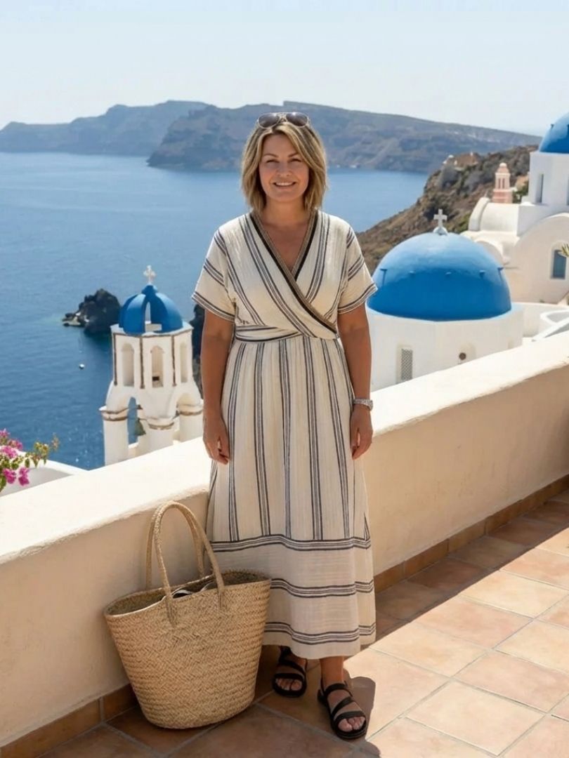 Striped V-Neck Short Sleeve Wrap Waist Midi Dress 4