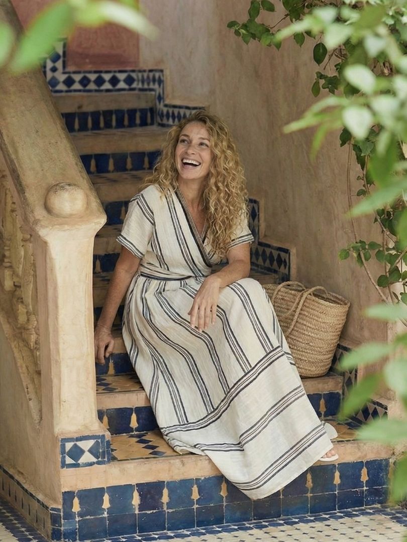 Striped V-Neck Short Sleeve Wrap Waist Midi Dress 5