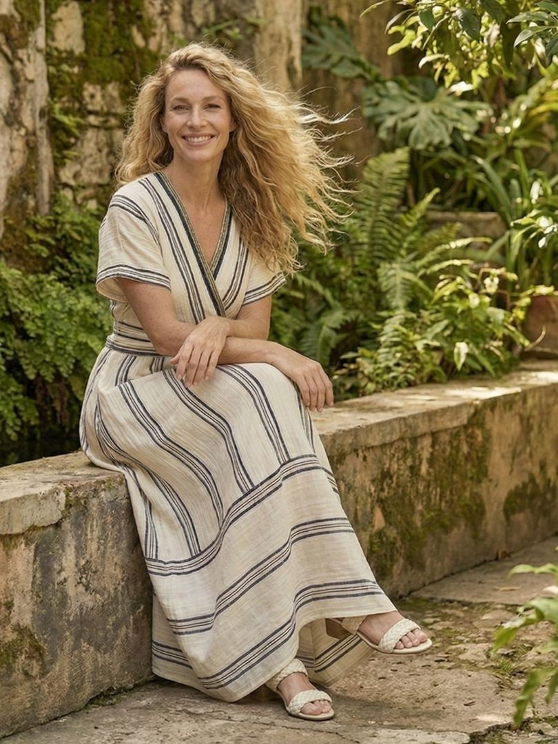 Striped V-Neck Short Sleeve Wrap Waist Midi Dress 6