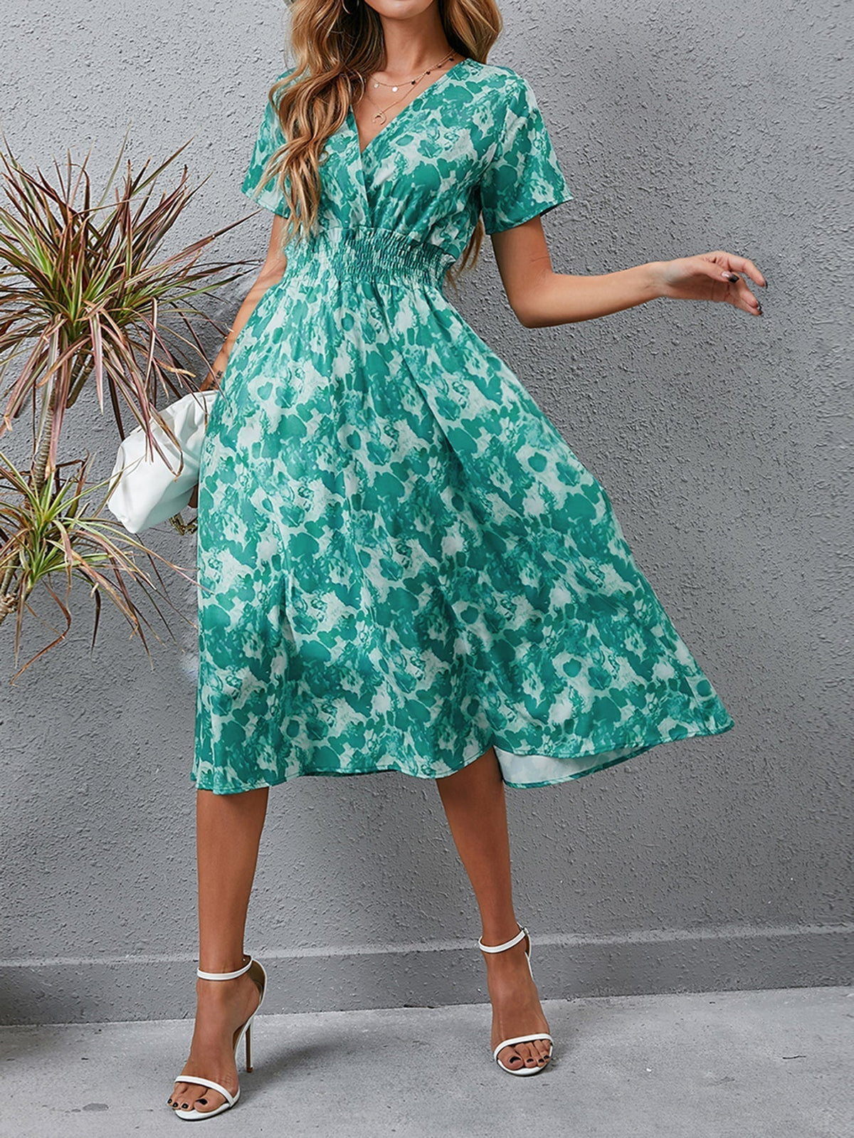 KittenAlarm - Tie Dyed V Neck Shirred Dress