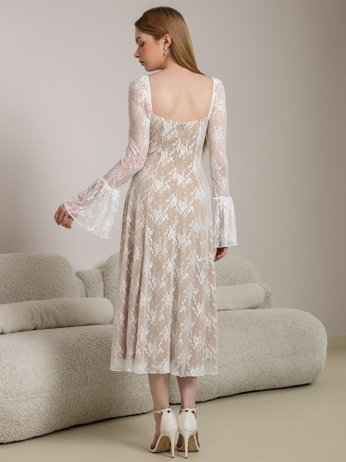 Lace Square Neck Corset Tie Front Bell Sleeve Milkmaid Midi Dress - View 2