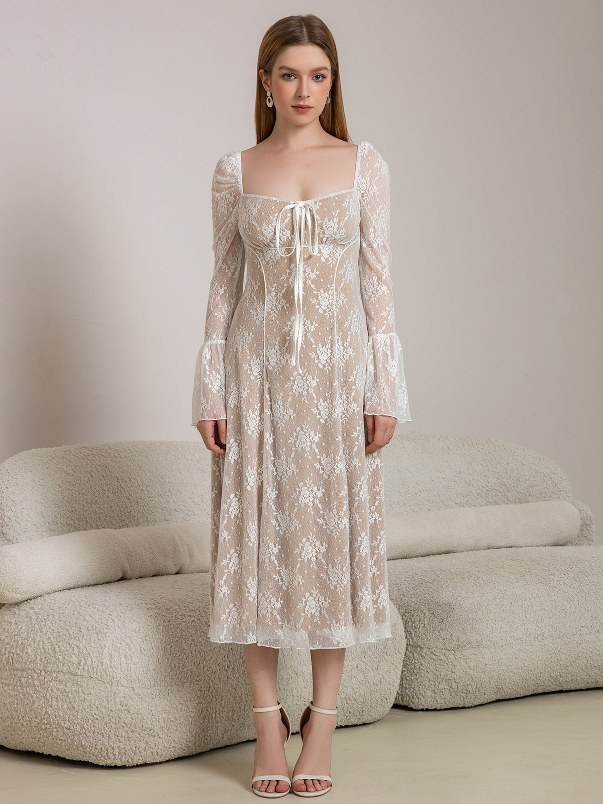 Lace Square Neck Corset Tie Front Bell Sleeve Milkmaid Midi Dress - View 5