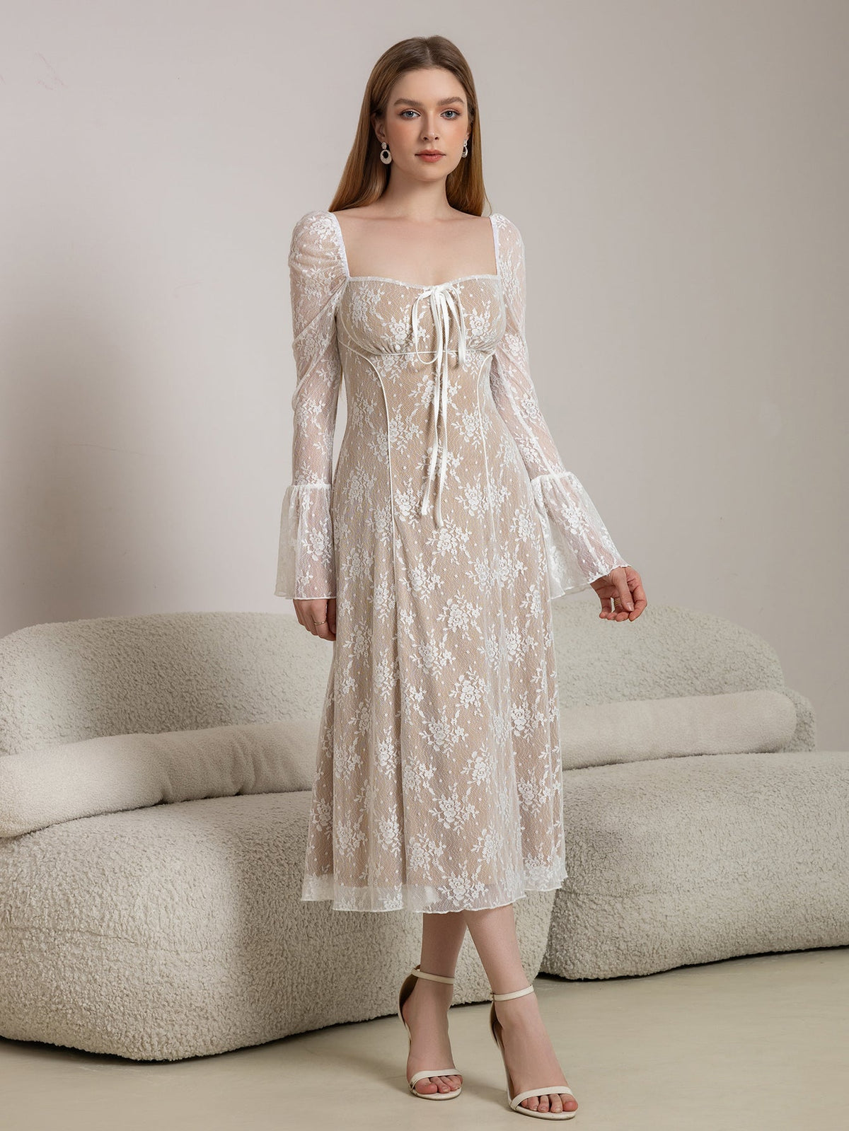 Lace Square Neck Corset Tie Front Bell Sleeve Milkmaid Midi Dress - View 3