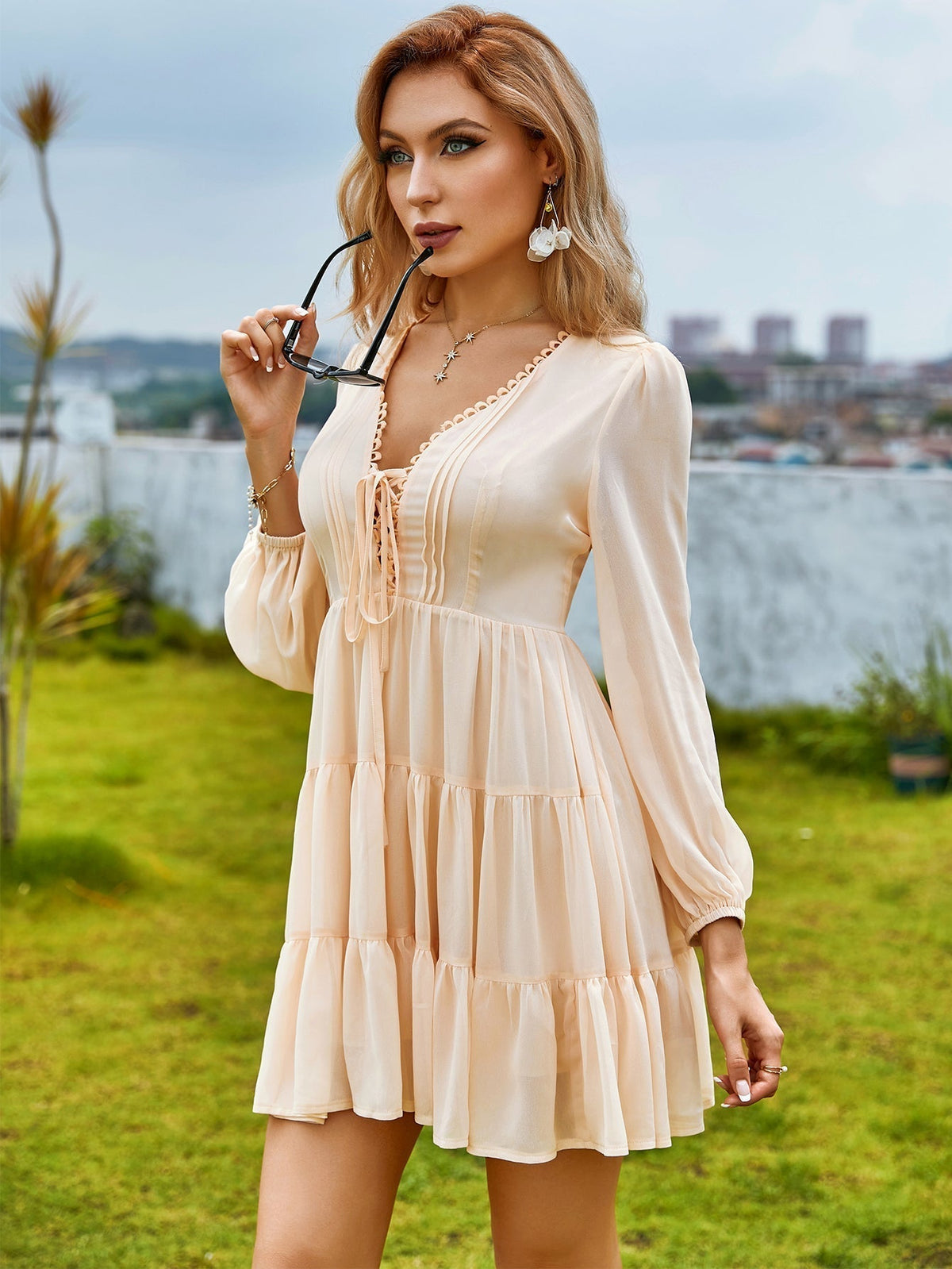 Chiffon V-Neck Long Sleeve Lace-Up Tiered Mini Dress