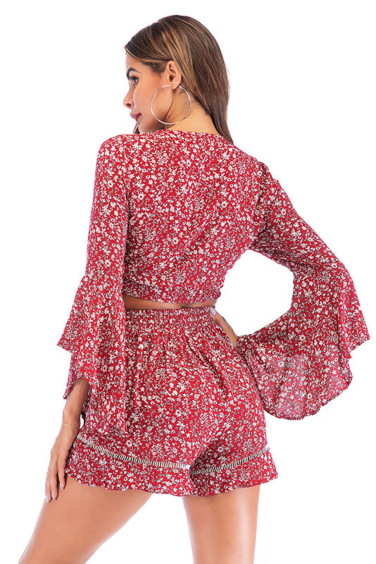 Floral Tie Front V-neck Trumpet Sleeve Two Piece Sets