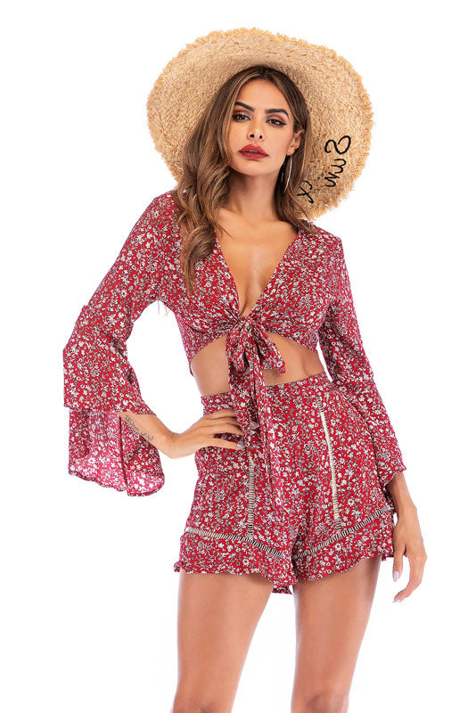 Floral Tie Front V-neck Trumpet Sleeve Two Piece Sets - Mislish
