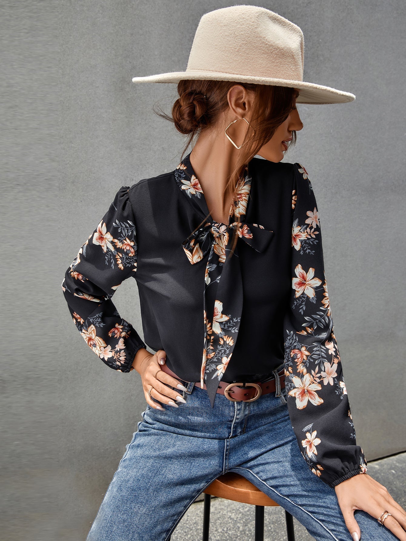Tie Neck Floral Print Blouse - Fashionpara