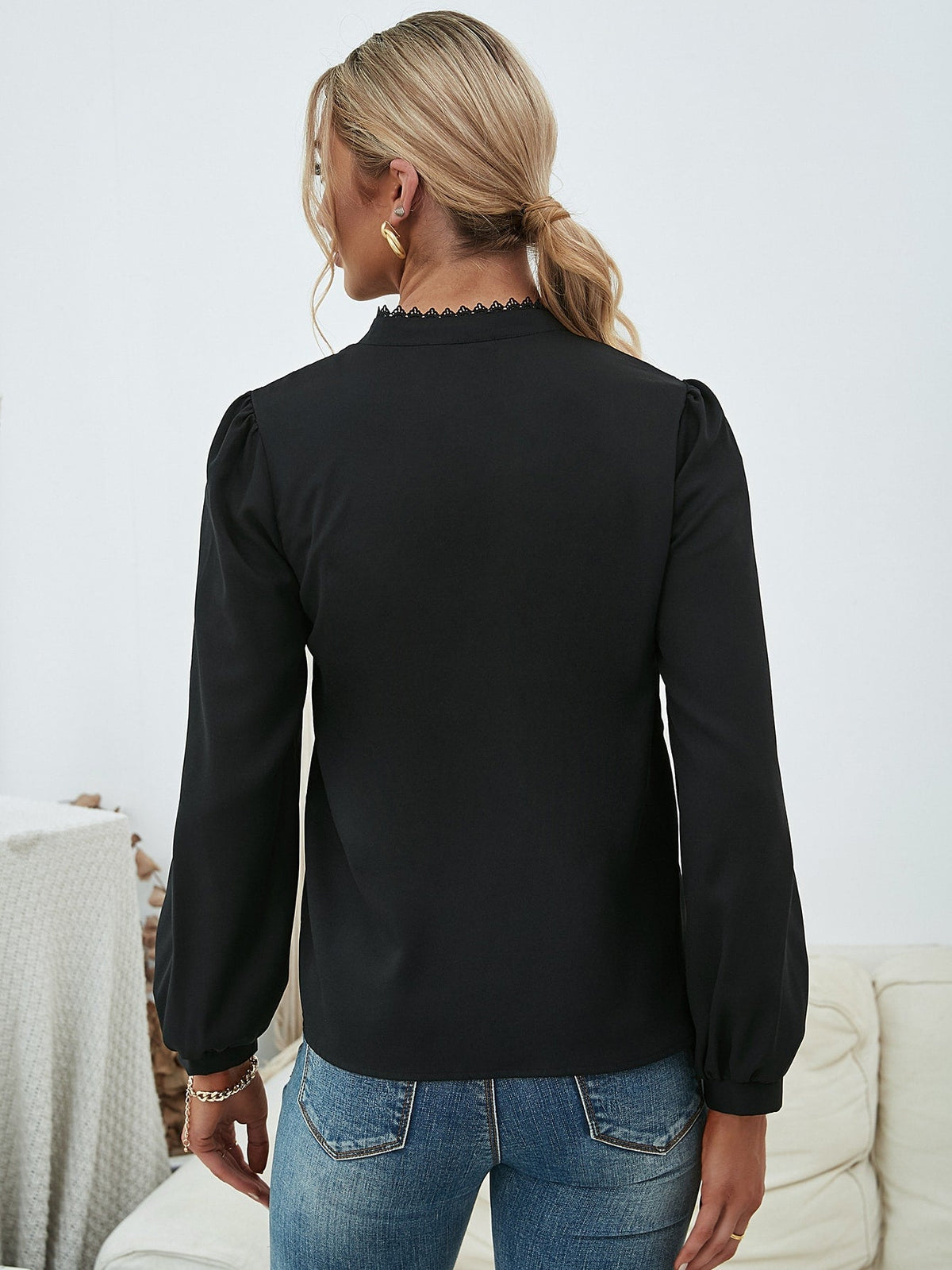 KittenAlarm - Tie Neck Lace Yoke Lantern Sleeve Top