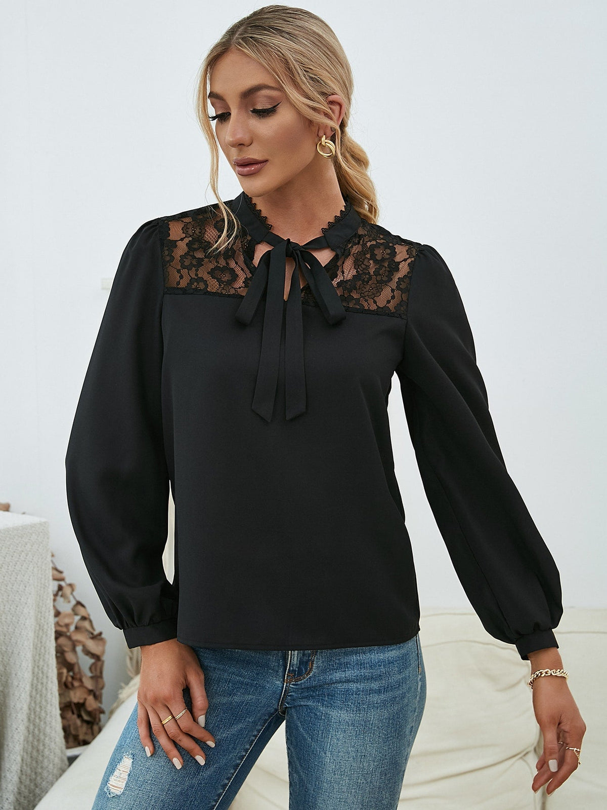 KittenAlarm - Tie Neck Lace Yoke Lantern Sleeve Top