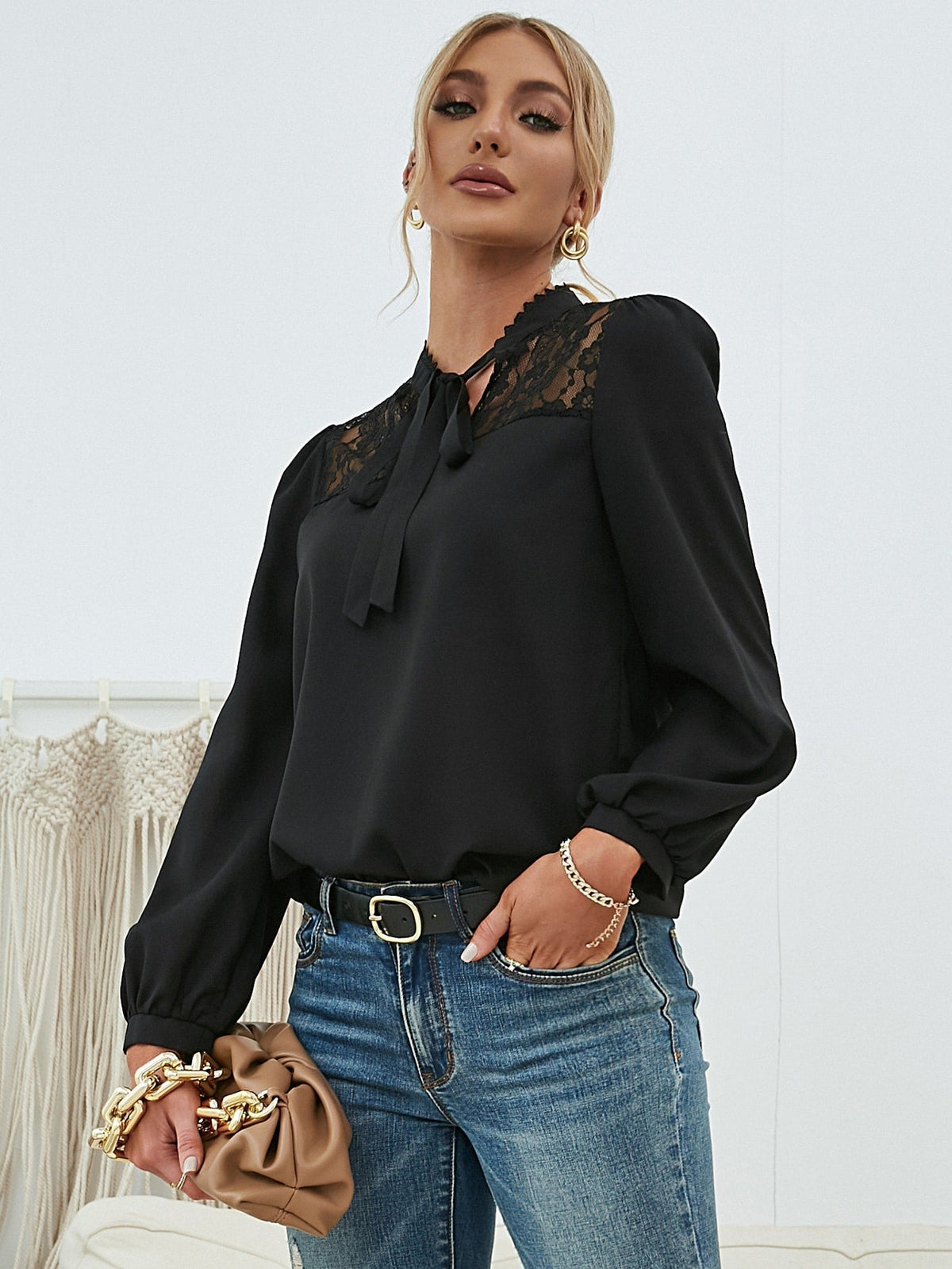 KittenAlarm - Tie Neck Lace Yoke Lantern Sleeve Top