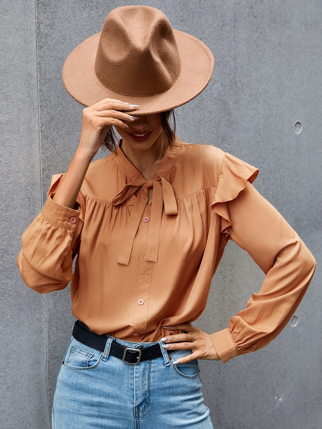 Tie Neck Ruffle Hem Blouse - Fashionpara