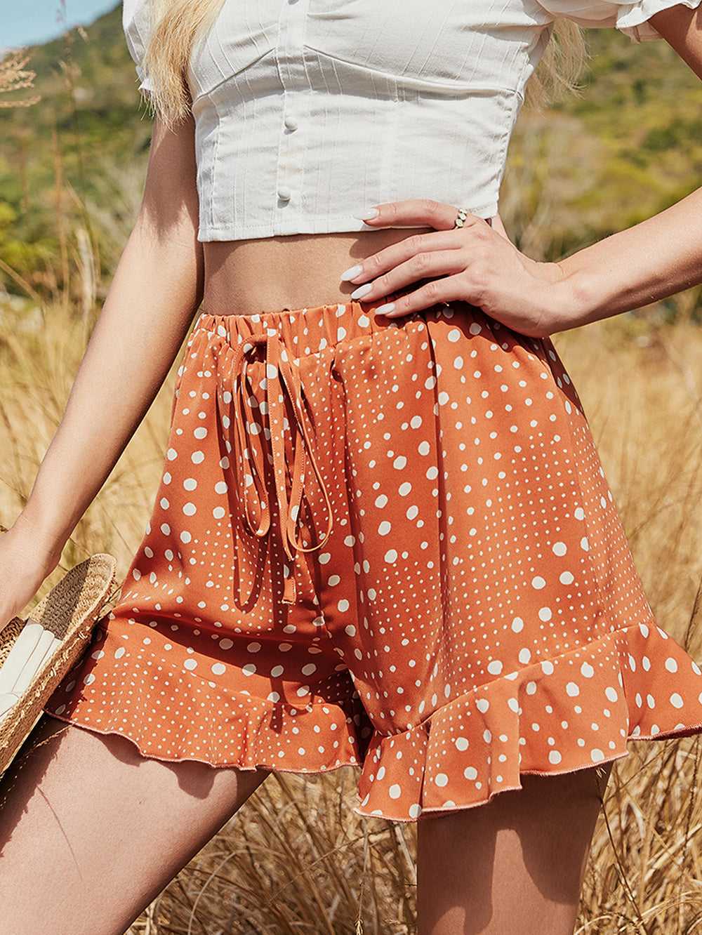 KittenAlarm - Tie Wide Loose High-waisted Elastic Tightening Ruffled Printed Polka-dot Shorts