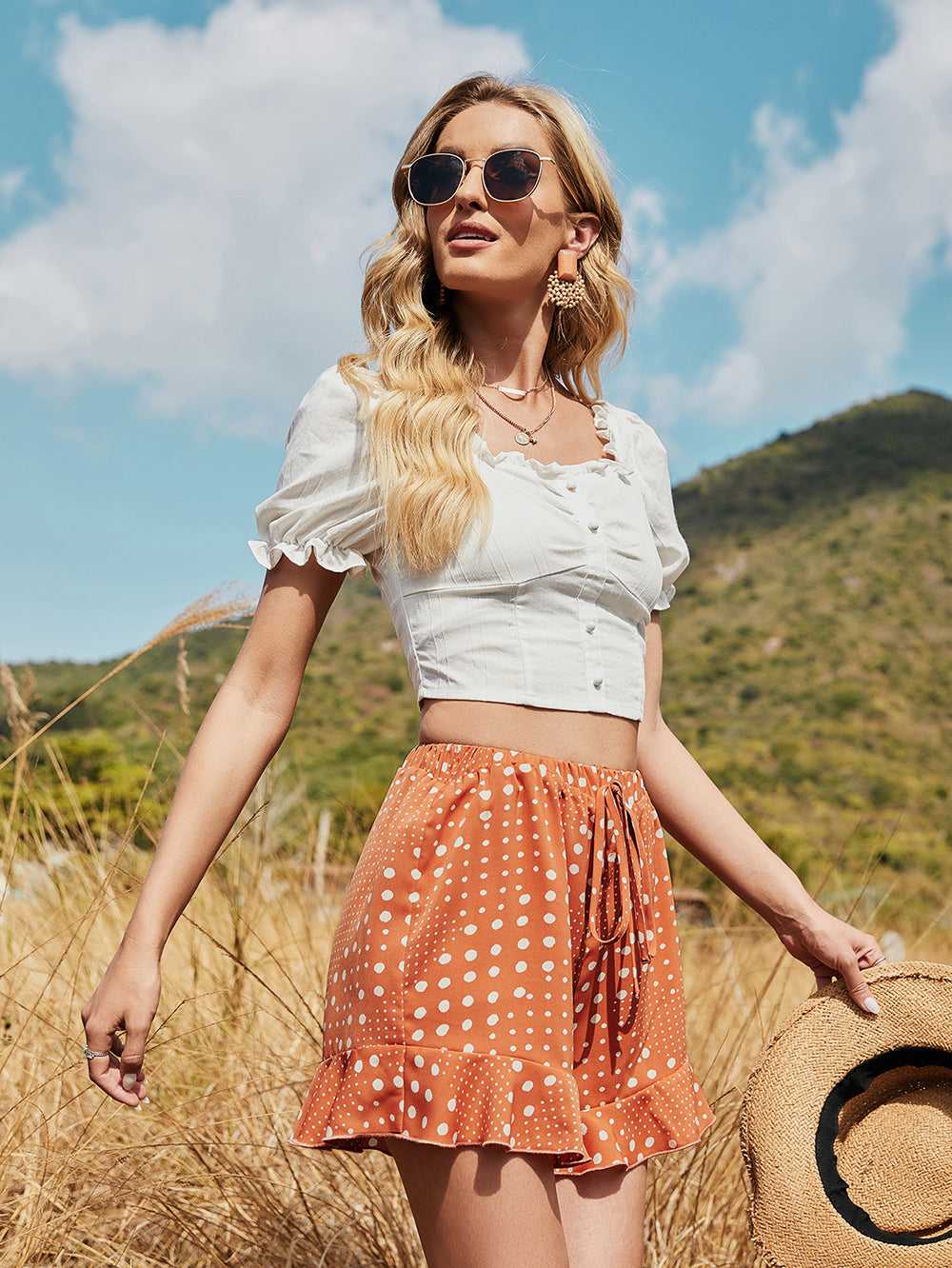 KittenAlarm - Tie Wide Loose High-waisted Elastic Tightening Ruffled Printed Polka-dot Shorts